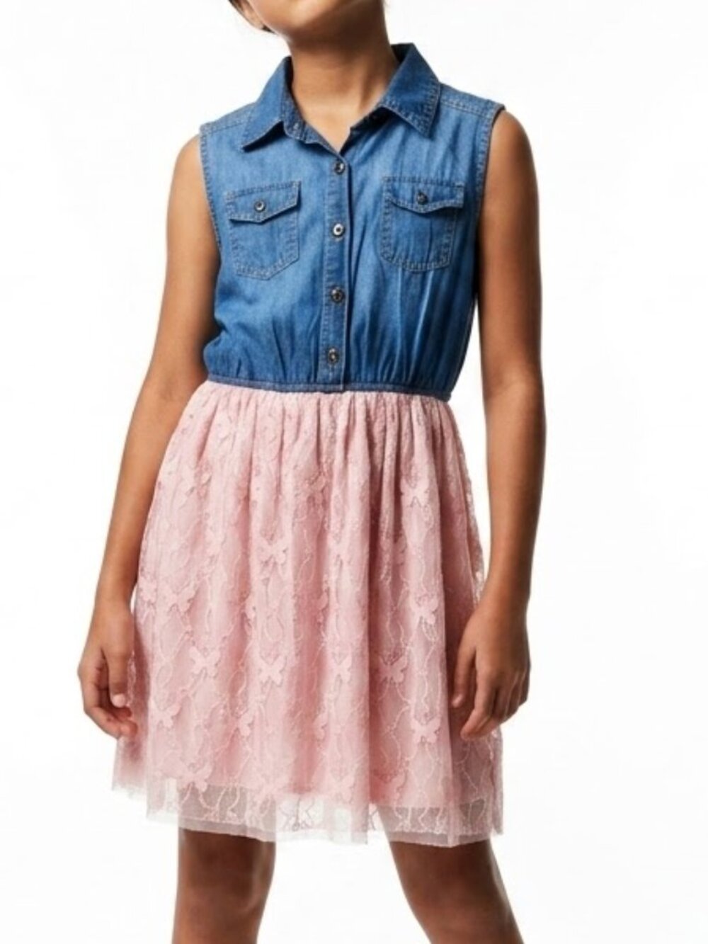 Knitworks Denim Pink Butterfly Lace Dress Sz 12 Whimsigoth Y2K Coquette Western